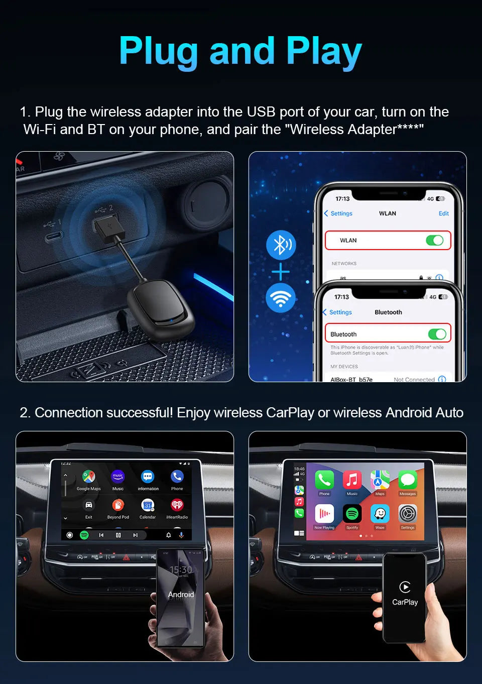 Xiaomi 2025 New! 2-in-1 Mini Wireless Adapter Seamlessly Enable Carplay & Android Auto Plug & Play For Most Vehicle Models
