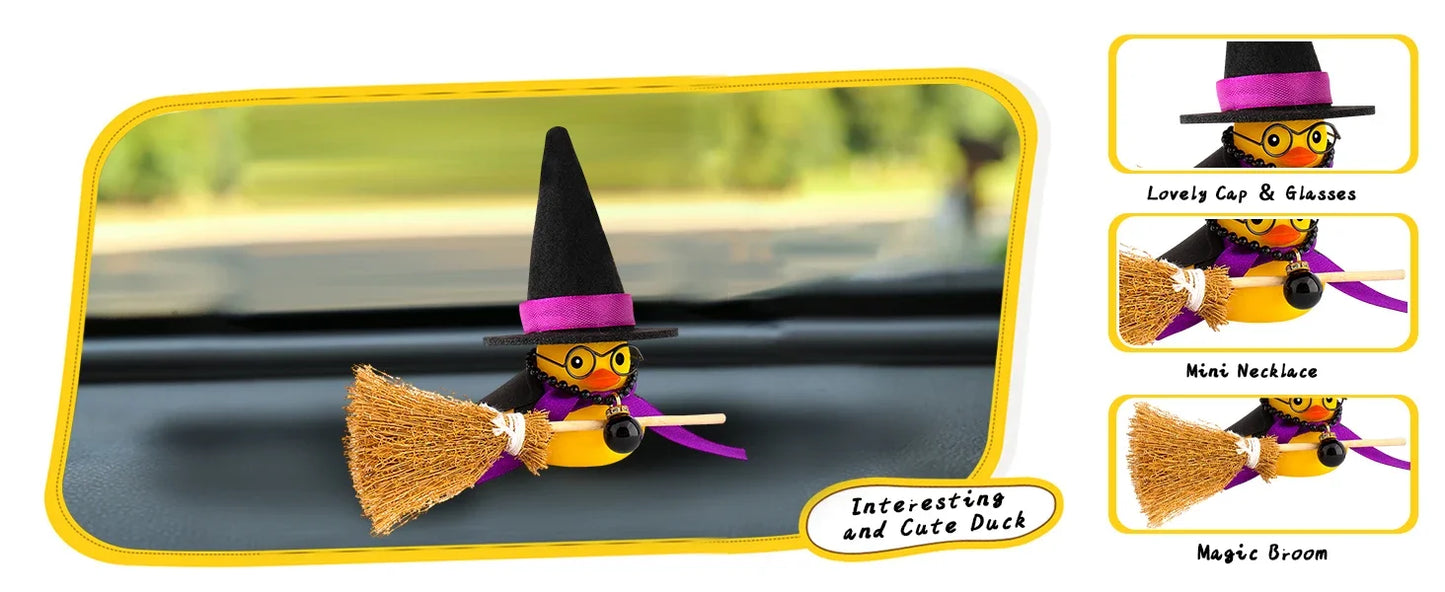 Car Decoration Rubber Duck Halloween with Magic Hat Cloak Broom Sunglasses Necklace for Car Ornaments Home Table Decor