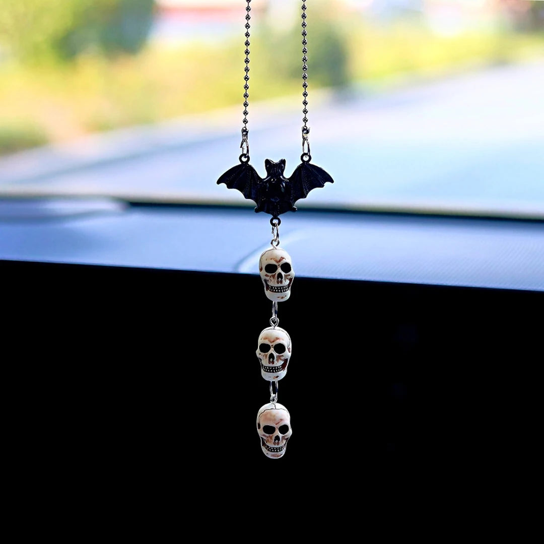 Halloween Car Interior Decoration Black Bat & Skull Pendant For Auto Rearview Mirror & Halloween Party Decor Car Accessories