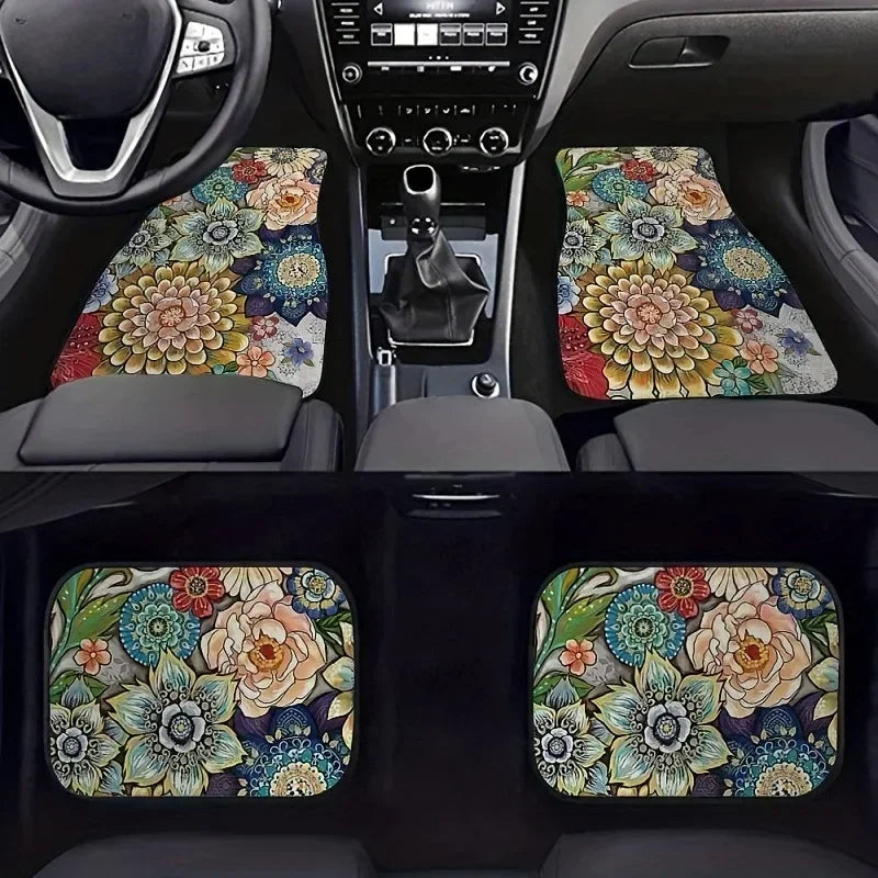 Antique Oriental Turkish Persian Carpet Car Floor Mats 4-Piece for Front Rear Seats Durable Floor Carpet Heavy Duty Rubber Back